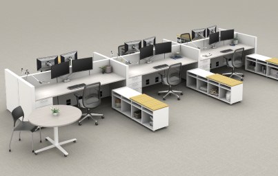 an open office desk floorplan with storage cabinets